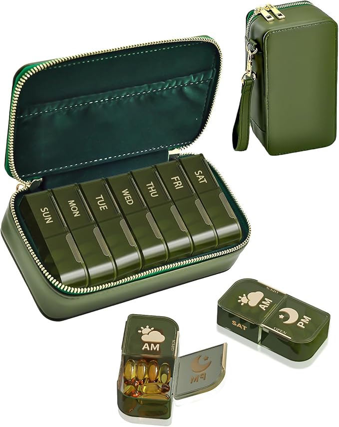 Weekly Pill Organizer AM PM, Travel Pill Organizer with Double Zipper Case, 14 Compartment Pill Box for Vitamins, Supplements & Medication, Portable Medicine Organizer for Women & Seniors
