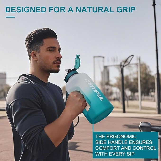 GEMFUL 2.2L Motivational Water Bottle with Straw & Measurements BPA-Free Half Gallon Jug for Gym Fitness Leakproof with Handle (Cyan)