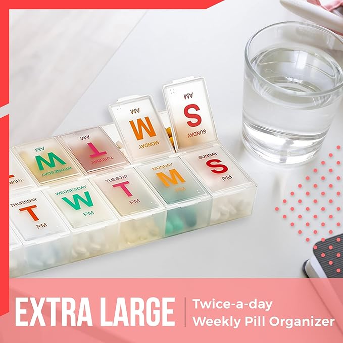 Extra Large Pill Organizer - Pill Box 7 Day Weekly Pill Organizer 2 Times a Day and AM PM Daily Pill Organizer Case for Medication Pills and Supplements with Braille and Bright XL Easy to Read Colors