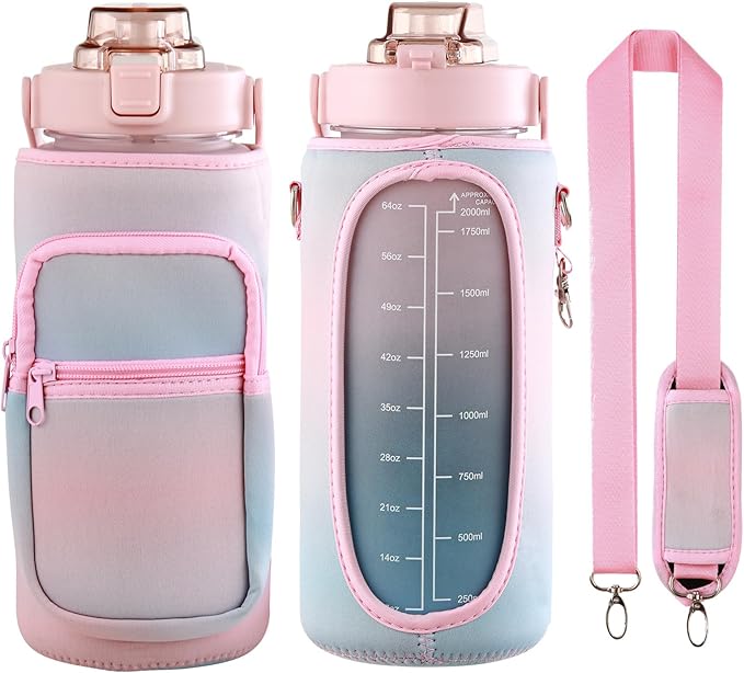Half Gallon Water Bottle with Sleeve & Strap 64 OZ Motivational Water Bottles with Straw Large Wide Mouth Water Jug with Time Marker for Fitness, Gym and Outdoor Sports, Leak-proof & BPA Free,