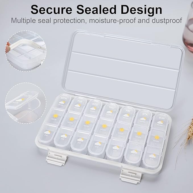 Pill Organizer 3 Times A Day, 7 Day Pill Box Case - Acedada Weekly Travel Pill Container 3X A Day, Large Medicine Dispenser Vitamins Case Supplements Holder Organizer, White