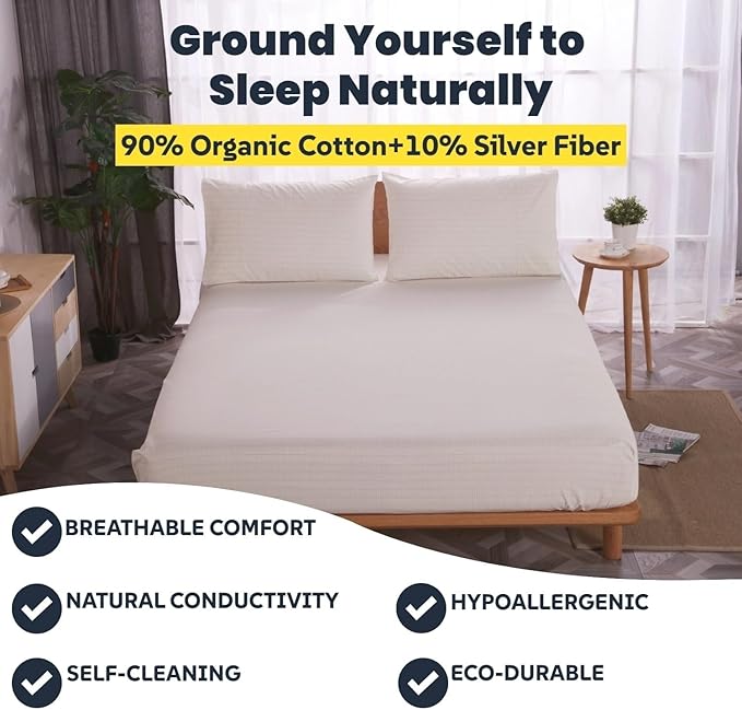 OKOHEY Grounding Fitted Sheets with 15ft Earthing Cord, Queen Size, 90% Organic Cotton + 10% Silver Fiber, Soft & Breathable Grounded Sheet for Better Sleep and Enhanced Wellness, Off White