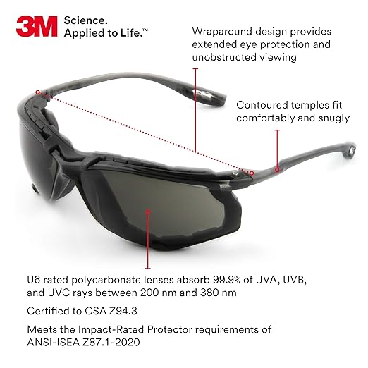 3M Safety Glasses, Virtua CCS, Pack of 1, ANSI Z87, Anti-Fog, Gray Lens, Black Frame, Corded Ear Plug Control System, Removable Foam Gasket