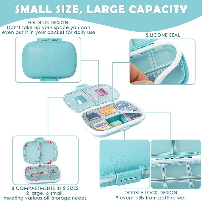 DIY Mini Pharmacy with Brand Labels, Dampproof Mini Travel Pill Organizer, Foldable Medication Storage 7 Day Pill Case, Blue