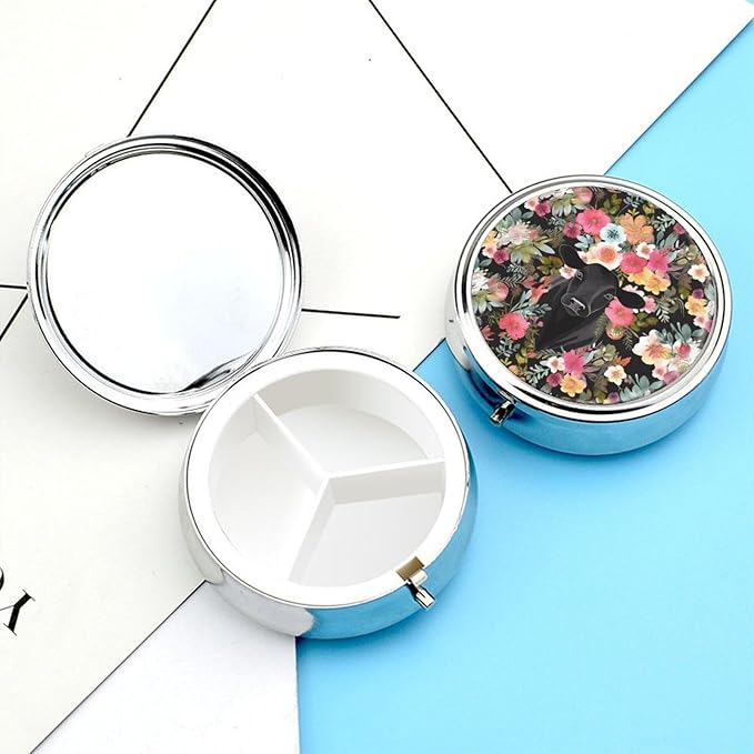 Steer Floral Pill Box Travel Pill Case for Purse Pocket Weekly Medicine Organizer with Mirror 3 Compartment Round Medicine Case Portable PillcaseHolder for Daily