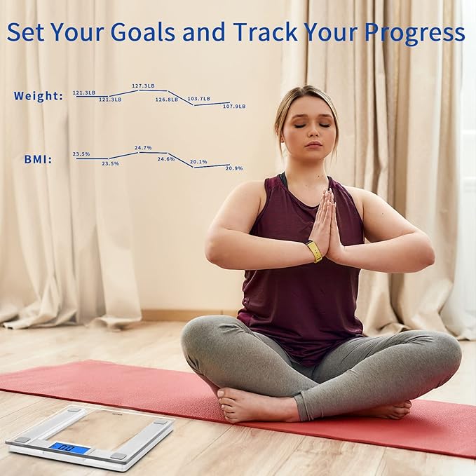 Vitafit 550lb Digital Bathroom Scale for Body Weight and BMI Via Smart APP, High Accuracy Assured by Weighing Professional Since 2001, 8mm Tempered Glass, Extra Large Blue Backlit LCD, Silver