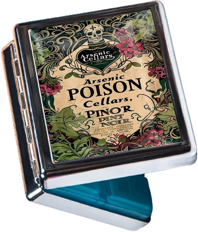 Cute Travel Pill Box Organizer with 8 Compartments - Compact and Fashionable Pill Case with Mirror - Ideal for Medications (Arsenic Poison Label)