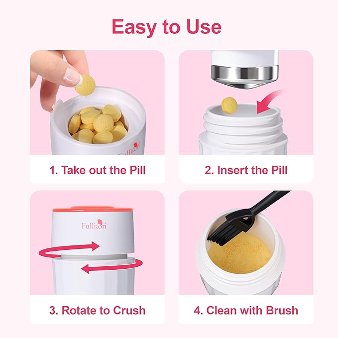 Fullicon Pill Crusher Fine Powder, Stainless Steel Grinder Head, 2-in-1 Medicine Crush with Storage, Small Pill Grinder for Pets, Elderly & Kids (Pink White)