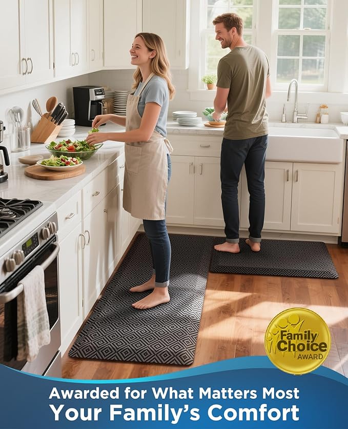 Ophanie Anti Fatigue Cushioned Mat, 3/4 inch Thick, 20x48 Kitchen Mats for Floor, Kitchen Rugs, Waterproof, Comfort Ergonomic Standing Mat for Office, Home, Standing, Black Non-Slip Ridged Bottom
