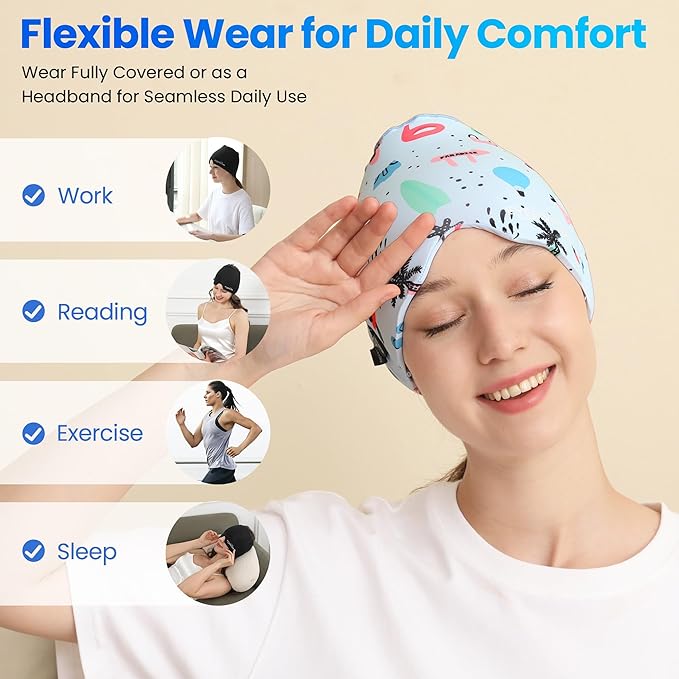 Migraine Relief Cap, Reusable Headache Relief Cap with Hot & Cold Therapy, Soothing Headache Hat, Odorless Gel Ice Head Wrap for Tension, Stress, Sinus & Headache, Beach Style, 1Pc