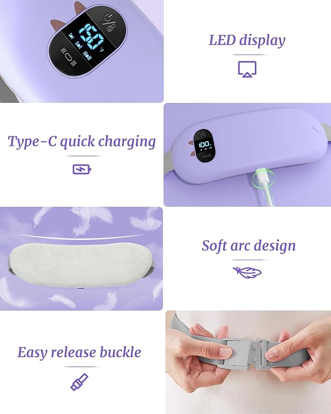 Portable Heating Pad for Cramps FSA, HSA Cordless Electric Period Fast Heat Pad for Back Pain Relief Menstrual Belt 6 Heat 6 Massage Gifts for Women Her Girlfriend Christmas Stocking Stuffers Purple