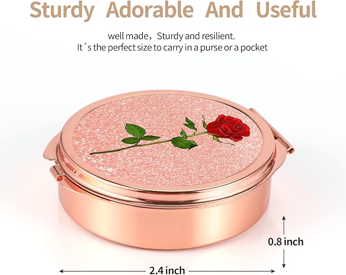 Dynippy Pill Case Pill Box with Mirror Pocket 3 Compartment Medicine Case Vitamin Pill Organizer for Pocket Purse and Travel (Round, Rose Gold-Rose)