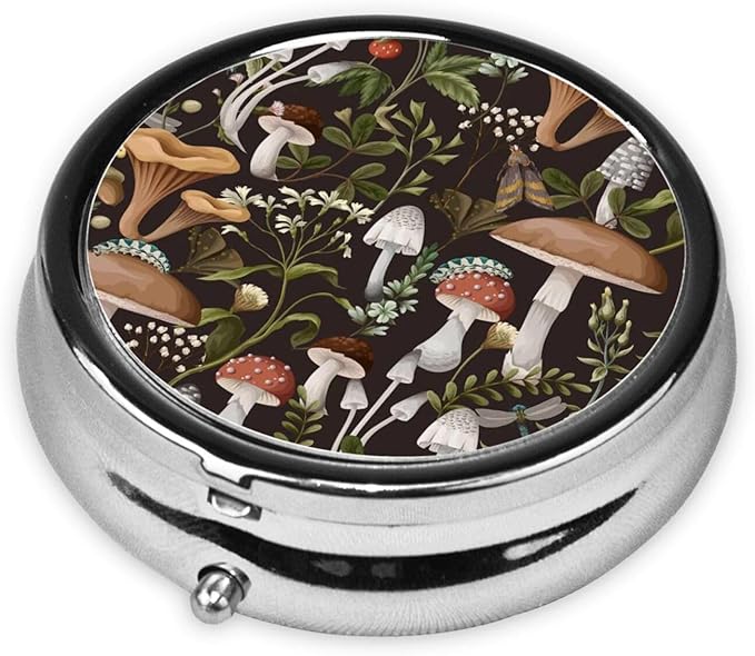 Metal Silver 3 Compartment Pill Box Pocket Portable Mini Travel Pill Case Small Round Decorative Medicine Box Vitamin Pill Organizer with Insect Mushroom