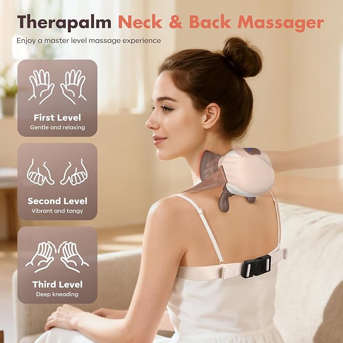 4D Neck Massager,Shoulder Hot Compress Massager, a wireless and portable massager that simulates human hand operation,suitable for relieving neck pain and relaxing muscles,with 3 adjustment modes.