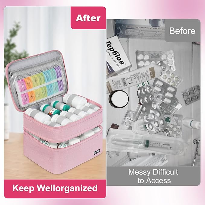 Medicine Storage Bag,Double Layers Pill Bottle Organizer Bag Empty with Lockable Zipper&Adjustable Divider,Medication Travel Carrying Bag for Pills,Vitamins,Medical Supplies,Pink