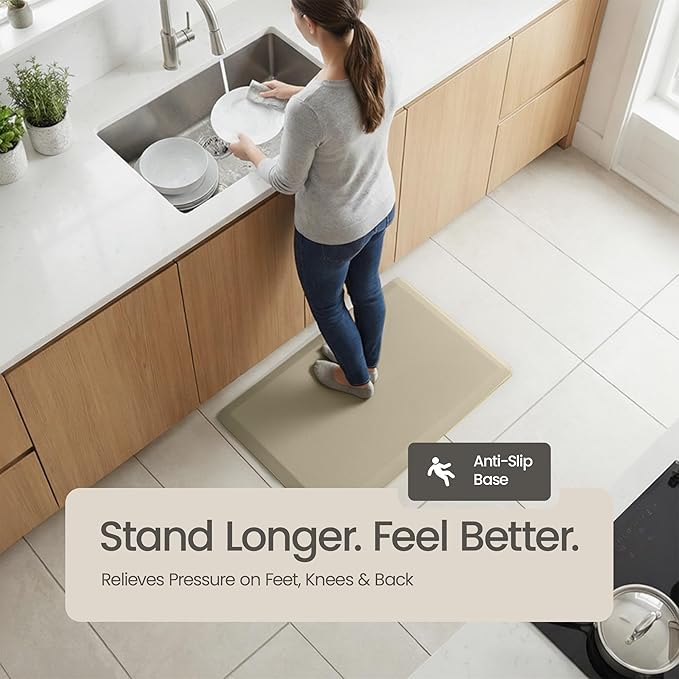 Anti Fatigue Kitchen Mats for Floor | Padded Kitchen Rugs | Non Slip, Cushioned Standing Desk Mat | Waterproof Floor Mat for Home and Office | 17.3" x 28" X 0.47", Beige, 1-Pack | More Décor
