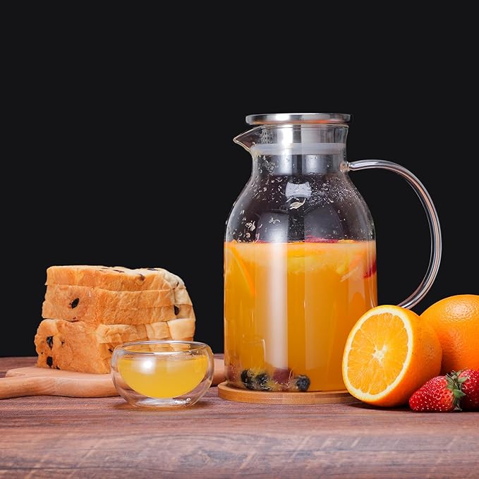 Glass Water Pitcher with Lid and Spout, 68 Ounces Heat Resistant Borosilicate Glass Carafe, Temperature Safe
