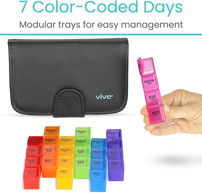Vive Weekly Pill Organizer 4 Times a Day - 7 Days Pill Boxes for Morning, Noon, Evening, Night - Extra Large Medicine, Vitamin & Supplement Dispenser with Premium Leather Case and Splitter Cutter