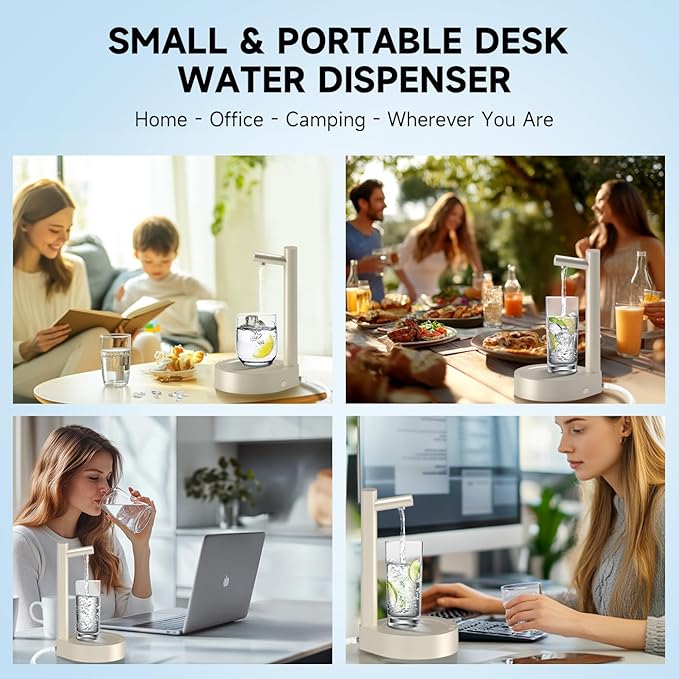 Water Dispenser for 5 Gallon Bottle – Desktop Electric Water Pump with USB-C Fast Charging, Portable 5 Gallon Water Jug Dispenser for Home, Office, Bedside & Countertop(Beige)