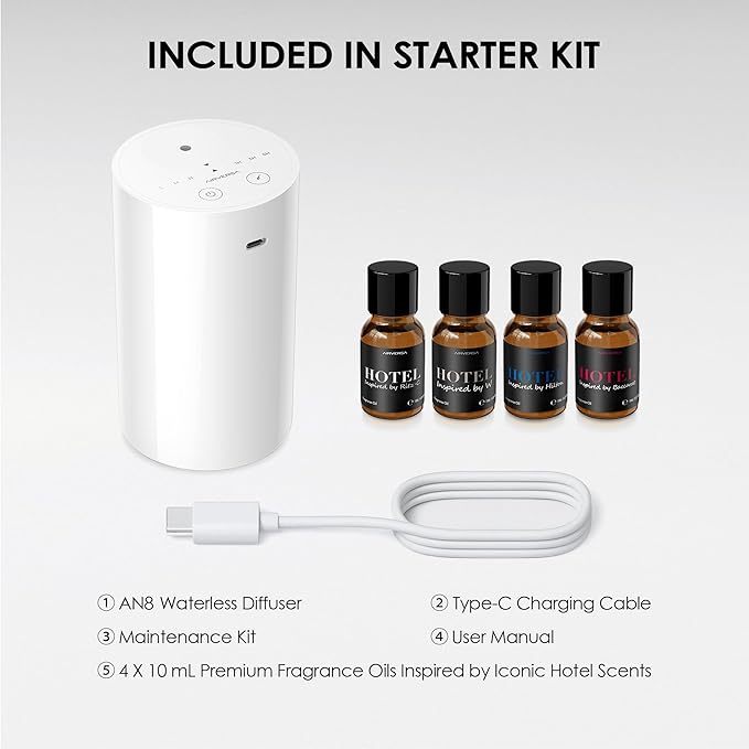 Airversa Waterless Essential Oil Diffuser Starter Kit with 4 x 10mL Hotel Scent Fragrance Oil, Battery Operated Mini Scent Air Machine Portable Diffuser for Home Car Office, AN8 Kit White