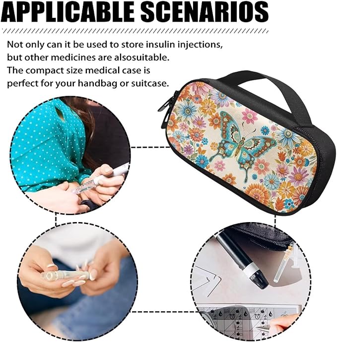 Butterfly Boho Flowers Insulin Cooler Travel Case Diabetic Insulated Organizer Lightweight Cooling Travel Bag for Insulin Pen and Medication Diabetic Supplies