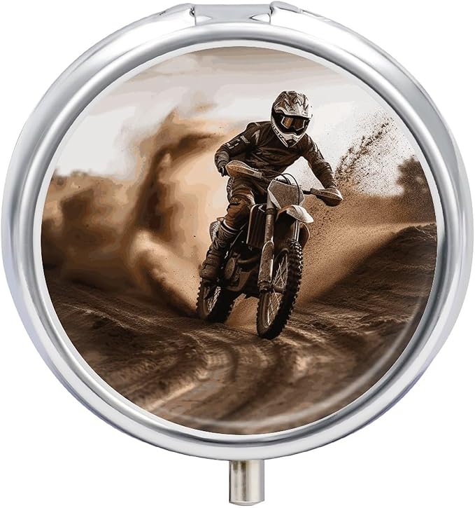 Motocross Pill Box Travel Pill Case for Purse Pocket Weekly Medicine Organizer with Mirror 3 Compartment Round Medicine Case Portable PillcaseHolder for Daily