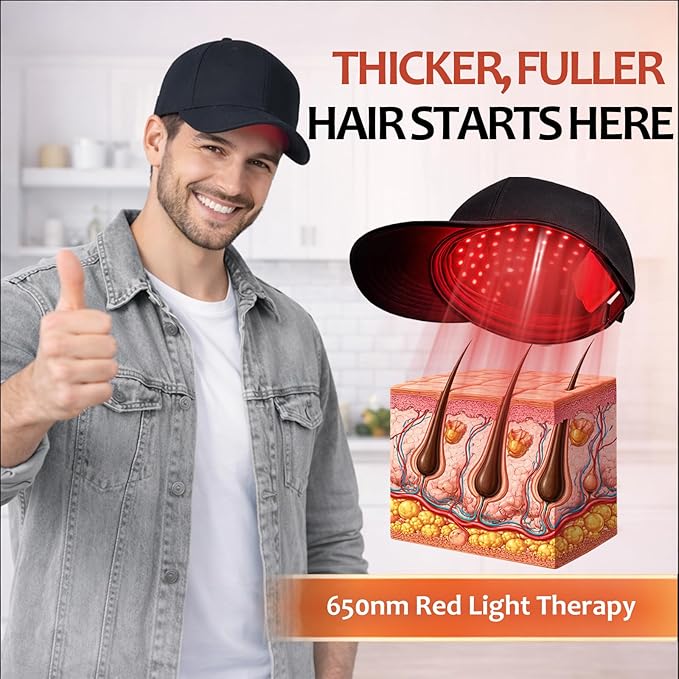 LLLT Laser Hair Growth Cap - 650nm Red Light Therapy for Hair Regrowth, Full Scalp Coverage Treatment for Men & Women with Thinning Hair, Portable & Hands-Free, Black