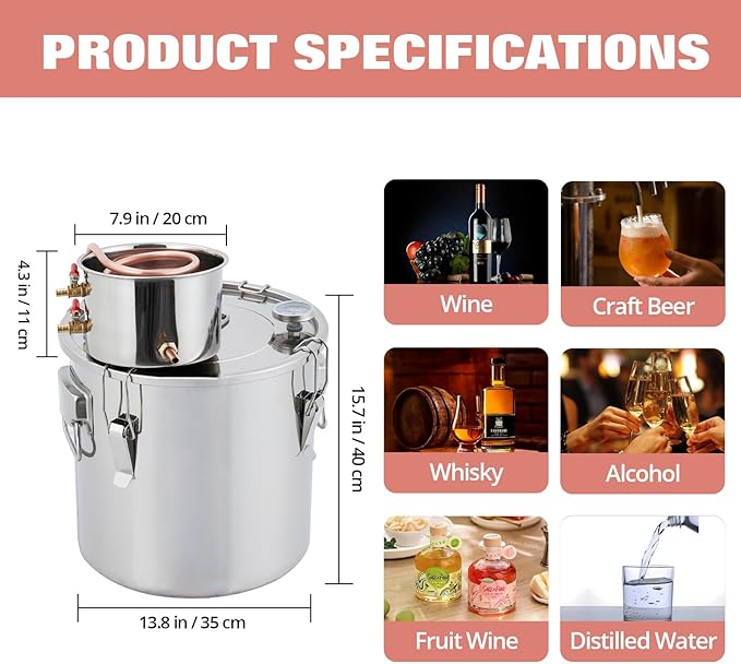 GarveeHome Alcohol Still 10 gal 38 L Water Alcohol Distiller Spirits Kit w/Copper Tube & Display Thermometer, Home Brew Wine Making Kit for Diy Whiskey, Wine, Brandy, Essential Oil