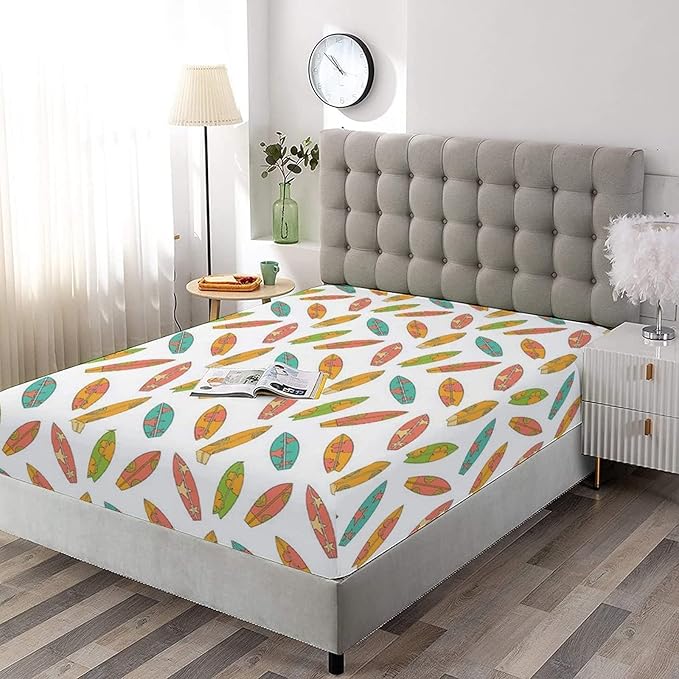 Decorative Fitted Sheet Set Full Size, Surfboard Deep Pockets Fitted Sheet & 2 Pillow Sham Set, Fun Colorful Surfing Boards Summer Tropical Beach Hawaii Printed Microfiber Bedding 3pc Set,for Mattress