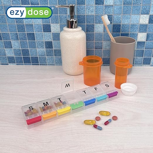 EZY DOSE Weekly (7-Day) Pill Case, Medicine Planner, Daily Vitamin Organizer Box, X-Large Push-Button Compartments, Convenient and Easy to Use, Arthritis Friendly, Clear Lids, Rainbow, BPA Free