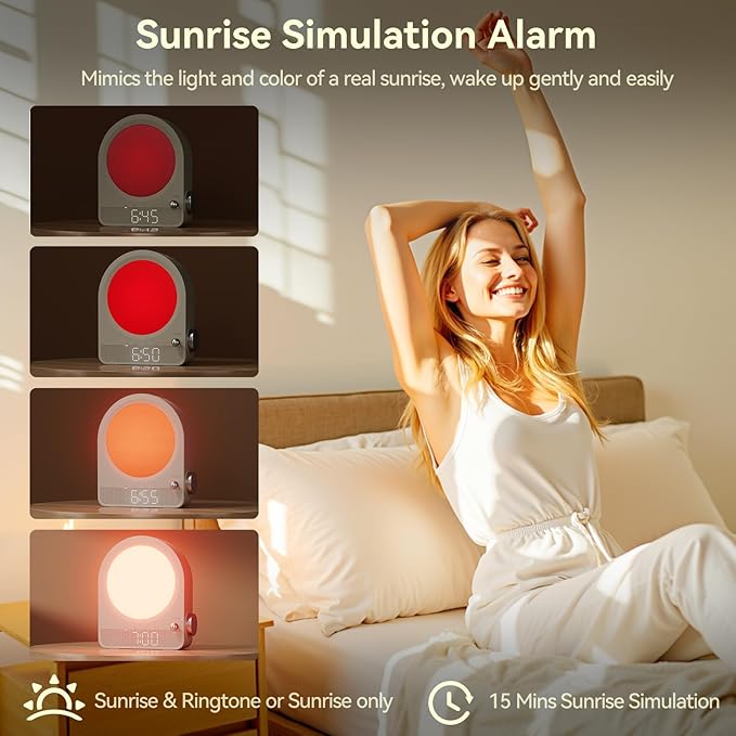 Vivilumens Sound Machine Alarm Clock, Gentle Sunrise Wake Up Light Alarm Clock for Heavy Sleepers Adults, Dimmable Night Light & RGB Meteors Lights Mode, 10 Natural Sounds, Great Gifts for Her