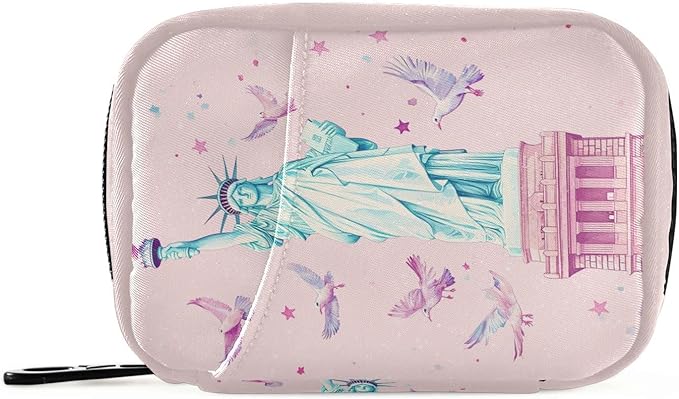 The Statue of Liberty Stars and Doves Pink Travel Pill Organizer Case Box Container Weekly Portable Vitamin Medicine Holder Storage Bag with Zipper Removable