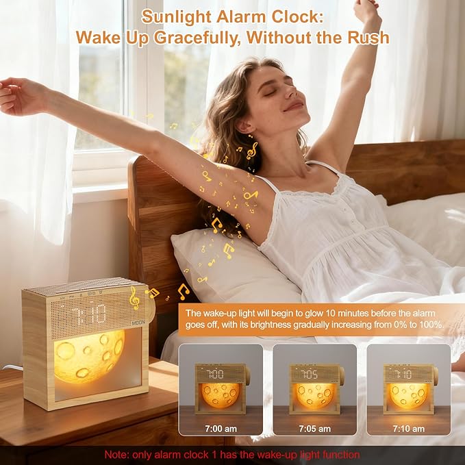 Sound Machine Alarm Clock with Sunrise Gentle Wake-Up Light, White Noise Machine with 20 Soothing Sounds for Sleeping, Dual Alarms, Snooze, Timer, Dimm Night Light for Bedroom, Gifts for Women