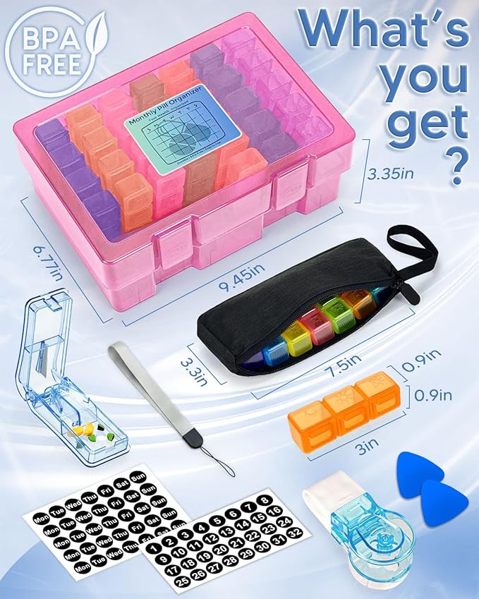 Monthly Pill Organizer 3 Times a Day – Yonlog Large Medicine Box with Weekly Travel Bag, Pill Cutter, Easy-Open Pick, Pill Taker Tool, and 2 Medication Stickers (Pink, 3 Times a Day)
