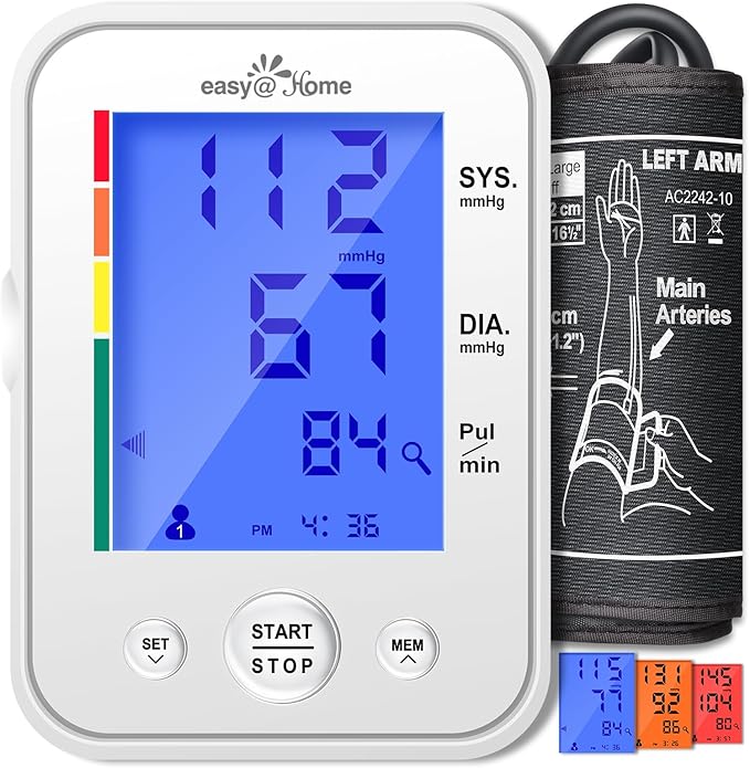 Blood Pressure Monitor for Home Use: Easy@Home Upper Arm Large Cuff BP Machine - Automatic Tensiometer with 3-Color Backlit Hypertension Display and 2 Users, Supports Free MyHeartPal App Scan, EBP-095