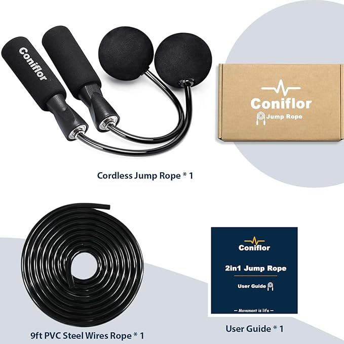 2 in 1 Jump Rope for Women Men and Kids - Tangle-Free Cordless Skipping Jump Rope with Ball Bearings and Foam Handles for Rapid Speed Fitness Workouts