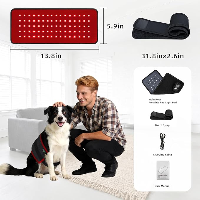 Pets Red Light Therapy Belt, LED Infrared Light Therapy for Dogs and Cats with 80 LEDs 660nm and 850nm Red,Wearable Device for Pain Relief