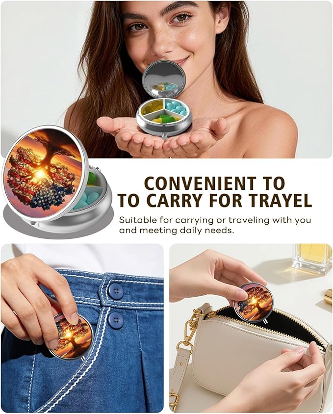 LRITER Pill Case, Portable Travel Pill Box, Pillbox Organizer, Cute Small Medicine Storage Container, Purse Accessories for Women, Men (American Tree)