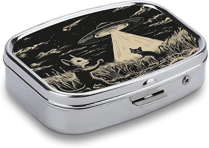 Metal 2 Compartment Pill Organizer Travel Friendly Portable Compact Pill Box Cute Pill Case,for Pocket Wallets Daily Portable Medicine Vitamin Tablet Storage (Mysterious cat)