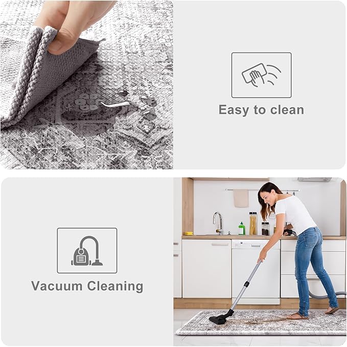 KIMODE Anti Fatigue Kitchen Mats, 2 PCS Cushioned Kitchen Rugs and Mats, Waterproof Kitchen Floor Mats Non Slip, Boho Comfort Foam Standing Mat for Laundry, Office, Sink, Grey Brown 17"x47"+17"x29"