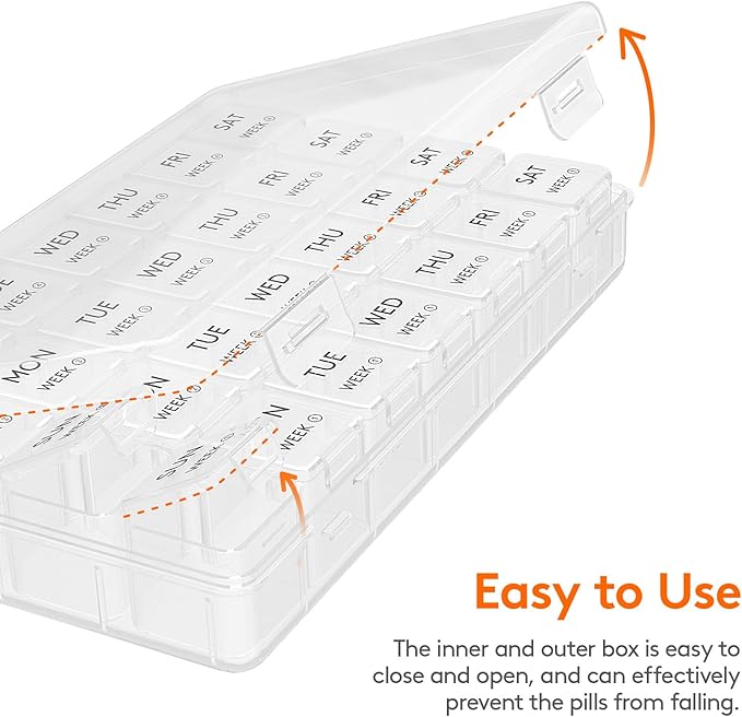 Lifewit Monthly Pill Organizer, 28 Day Pill Box, 4 Weeks One Month Vitamin Cases, Large Compartments Medicine Organizer for Fish Oils, Supplements, 28 Grids, Clear