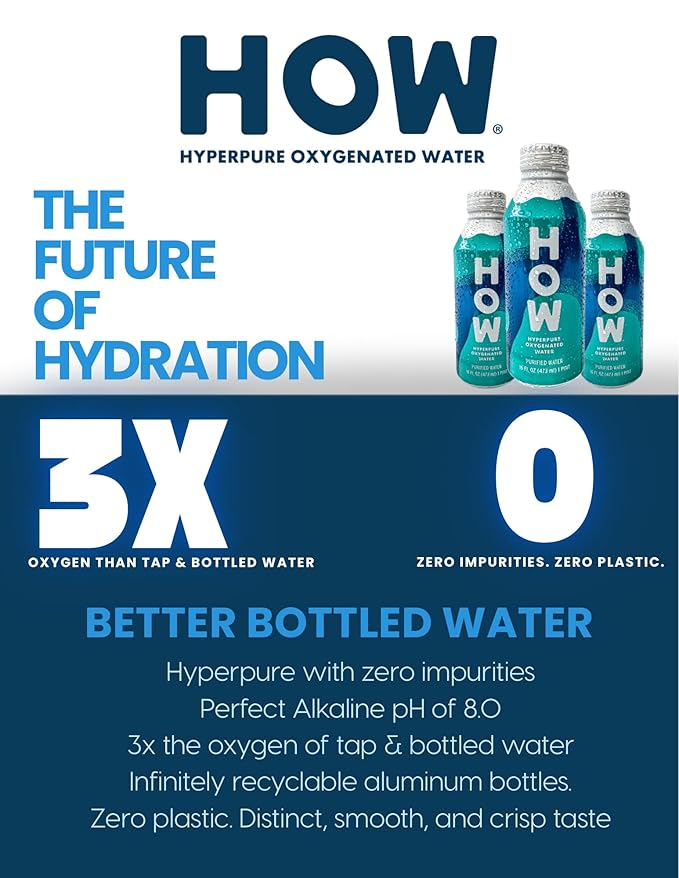 HOW Hyperpure Oxygenated Water - Infinitely Recyclable, Oxygen Enriched, Microplastic Free Purified Water 16oz Aluminum Bottle