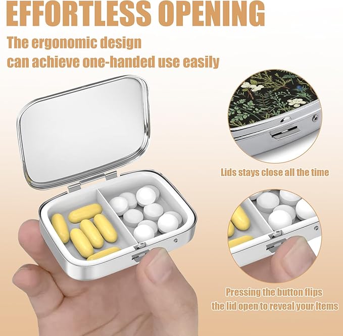 Vintage Botanical Pill Box-2 Compartment Small Pill Case Square Organizer Case with Mirror Portable Metal Medicine Box Travel Container for Pocket & Purse Women Men(Wild Plants)