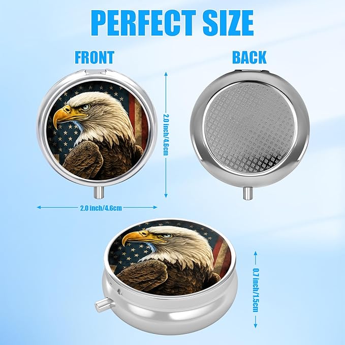 Pill Box, 3 Compartments Small Pill Case Travel Portable Metal Medicine Box with Mirror Mini Container for Purse Pocket Women Men(Eagle USA Flag)