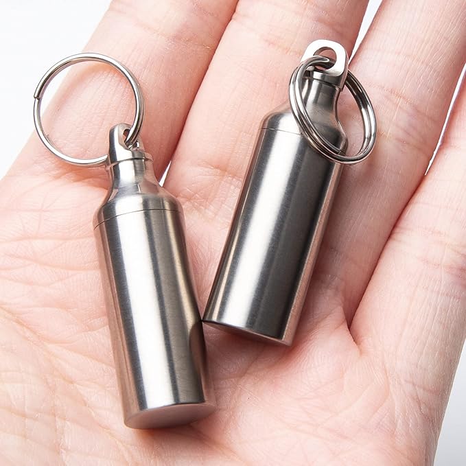 Titanium Keychain Pill Holder Mini Waterproof Pill Container Portable Pocket Pill Case Small Pill Storage Box Organizer for Men Daily Outdoor Camping Travel (A)