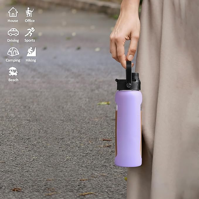 Kodrine Water Bottle with Straw, 24 oz Glass water Bottle with 2 Lids Bamboo Straw Lid and Spout Lid with Handle, 32 oz Clear Water Bottle Glass for Sports Travel, Waterbottle with Time Marker