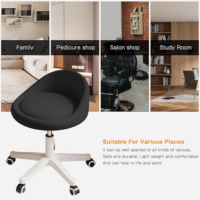 Rolling Stool Chair with Backrest, Round PU Leather Adjustable Height Hydraulic Swivel Rolling Stool for Spa Salon Tattoo Massage Doctor Dental Medical Office Black