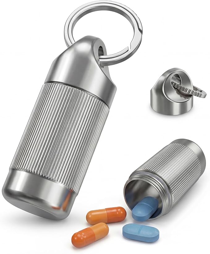 Titanium Pill Holder Keychain, Waterproof and Leak Proof Mini Case for Daily Vitamins or Emergency Medication, Small Durable Metal Pill Container Fits in Pocket, Purse, or for Travel - Large
