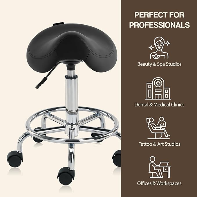 Haku 506 Series Ergonomic Saddle Stool, Adjustable Pneumatic Swivel Rolling Stool with Wheels for Salon, Medical, Spa, Tattoo, Home and Office, with Footrest, Black