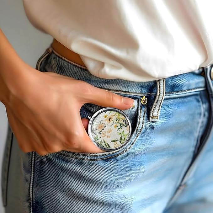 3-Compartment Pill Organizer with Mirror Retro Small Bronze Pill Case for Purse, Floral Design Travel Pill Box for Vitamins, Fish Oil, Supplements | Portable & Compact (Color C, Three Compartments)